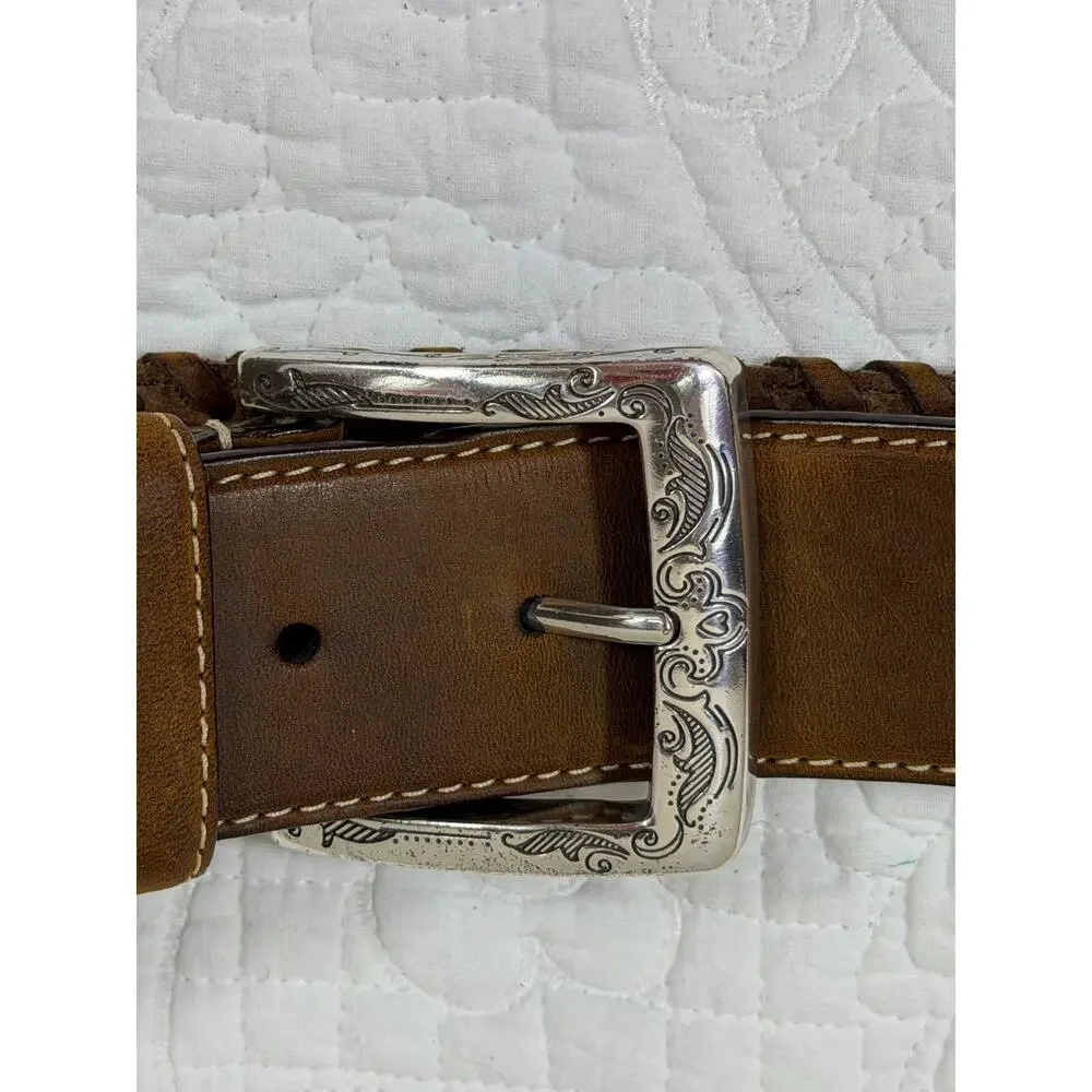 Brighton Women L Brown Braided Leather Silver Buckle Accent Belt Minimalist